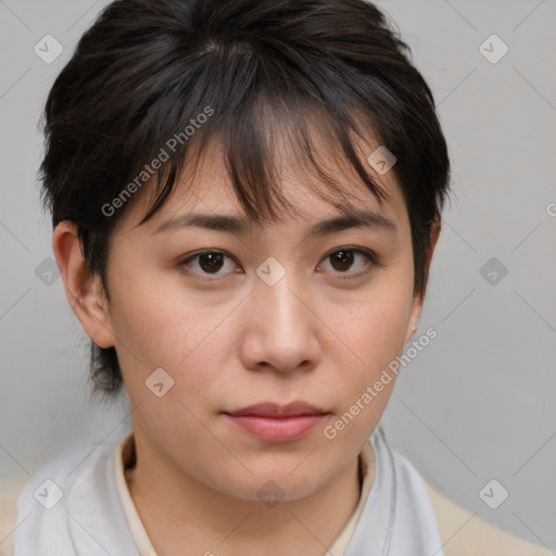 Neutral white young-adult female with medium  brown hair and brown eyes