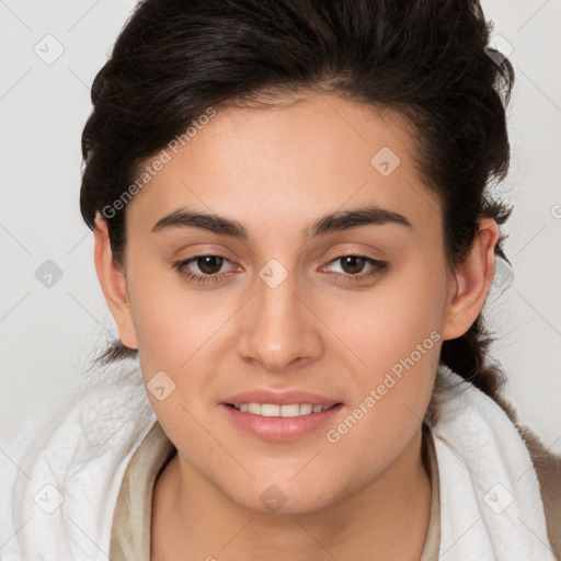 Joyful white young-adult female with medium  brown hair and brown eyes