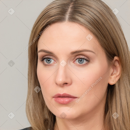 Neutral white young-adult female with long  brown hair and grey eyes