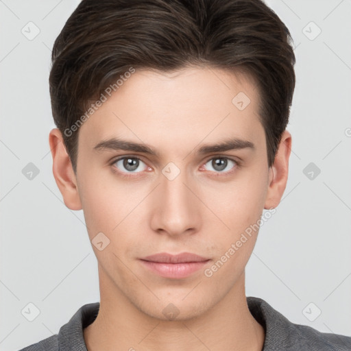 Neutral white young-adult male with short  brown hair and brown eyes