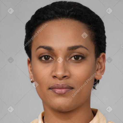 Neutral black young-adult female with short  brown hair and brown eyes