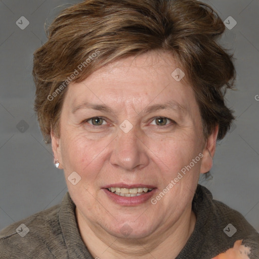 Joyful white adult female with medium  brown hair and blue eyes