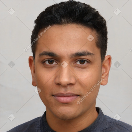 Neutral latino young-adult male with short  black hair and brown eyes