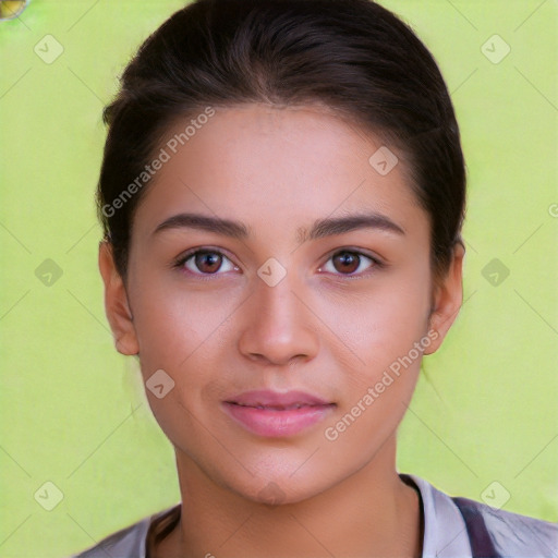 Neutral white young-adult female with short  brown hair and brown eyes