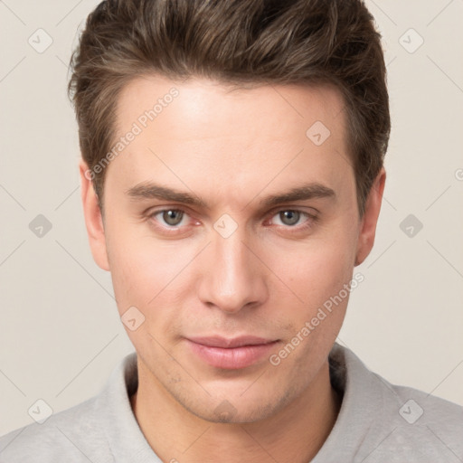 Neutral white young-adult male with short  brown hair and brown eyes