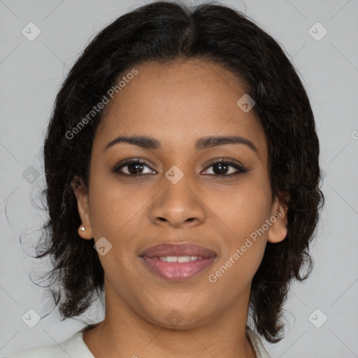 Joyful black young-adult female with medium  brown hair and brown eyes