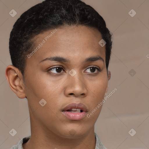 Neutral black young-adult female with short  brown hair and brown eyes