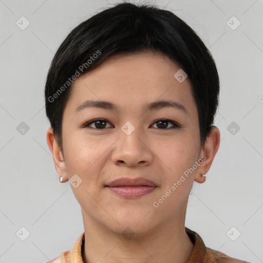 Joyful asian young-adult female with short  brown hair and brown eyes