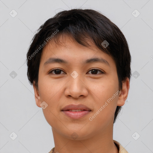 Joyful latino young-adult female with short  brown hair and brown eyes