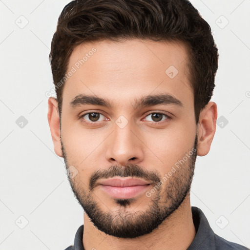 Neutral white young-adult male with short  brown hair and brown eyes