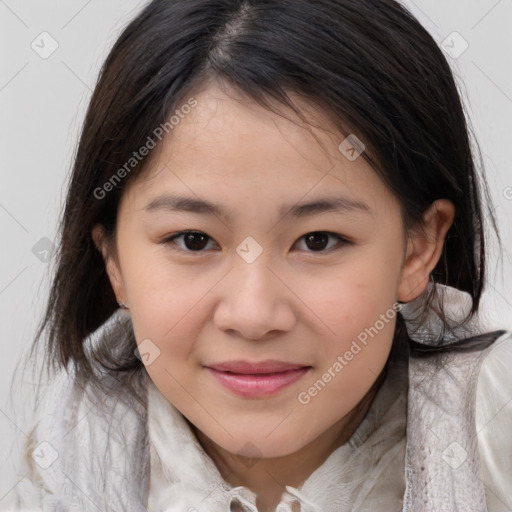 Joyful white child female with medium  brown hair and brown eyes
