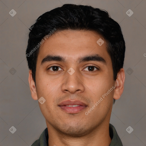 Neutral asian young-adult male with short  black hair and brown eyes