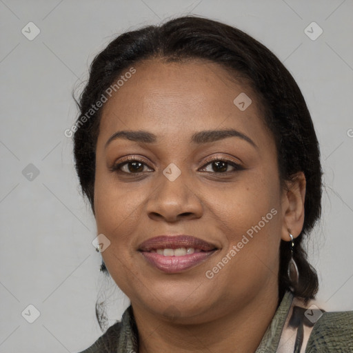 Joyful black young-adult female with medium  brown hair and brown eyes