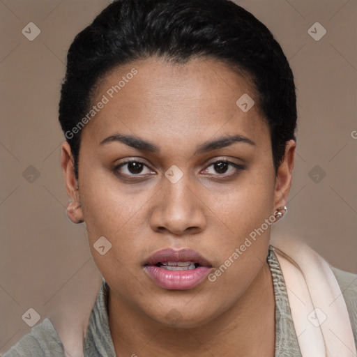 Joyful latino young-adult female with short  brown hair and brown eyes