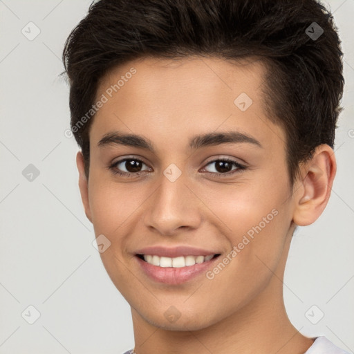 Joyful white young-adult female with short  brown hair and brown eyes