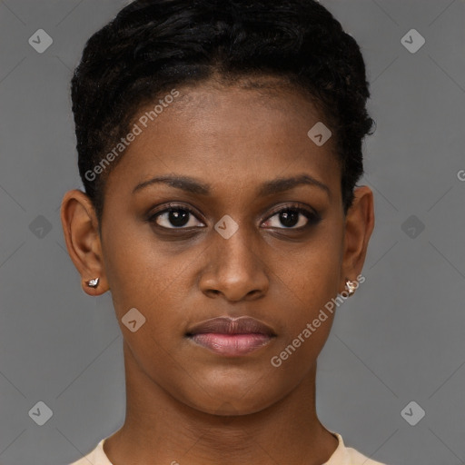 Joyful black young-adult female with short  brown hair and brown eyes