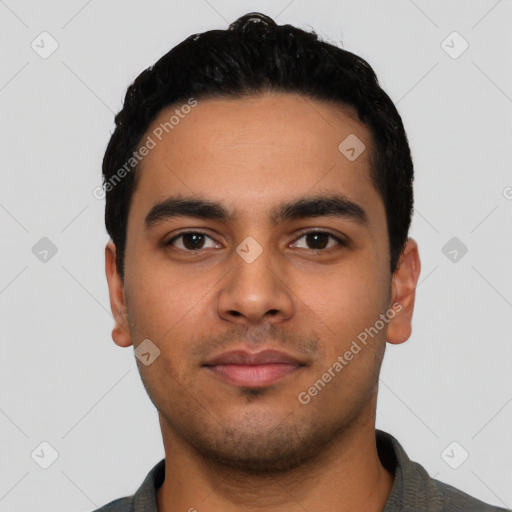 Neutral latino young-adult male with short  black hair and brown eyes