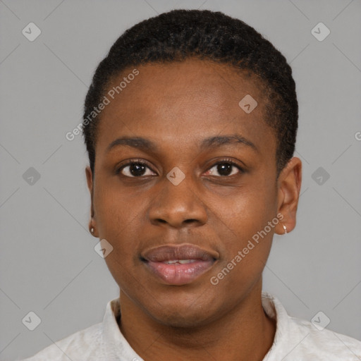 Neutral black young-adult female with short  black hair and brown eyes