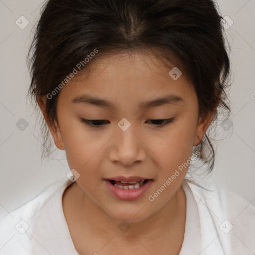 Joyful white child female with medium  brown hair and brown eyes