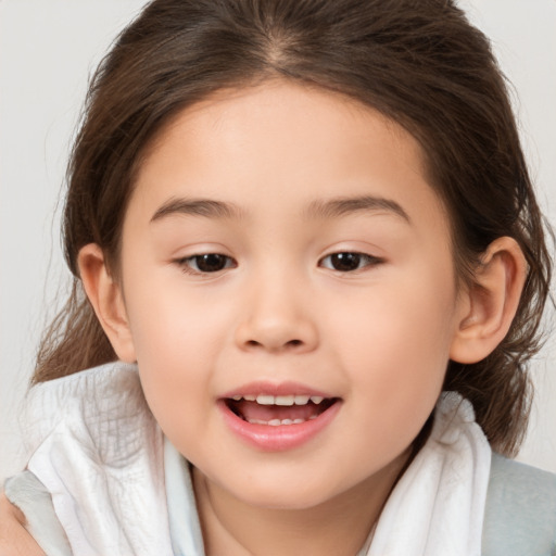 Joyful white child female with medium  brown hair and brown eyes