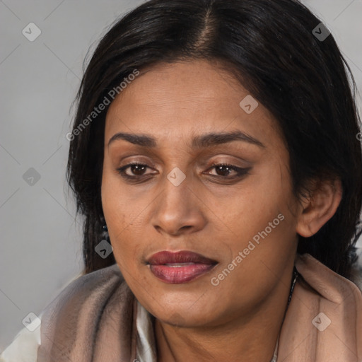 Joyful latino adult female with medium  brown hair and brown eyes