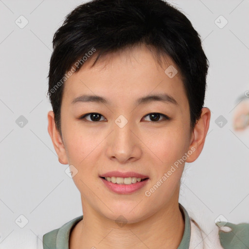 Joyful asian young-adult female with short  brown hair and brown eyes