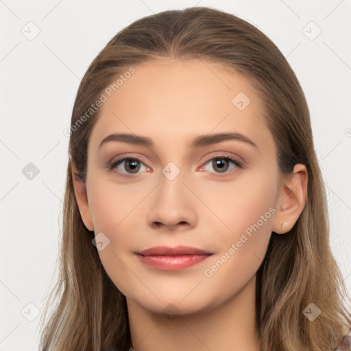 Neutral white young-adult female with long  brown hair and brown eyes