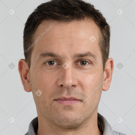 Neutral white adult male with short  brown hair and brown eyes