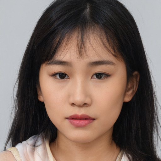 Neutral asian young-adult female with long  brown hair and brown eyes