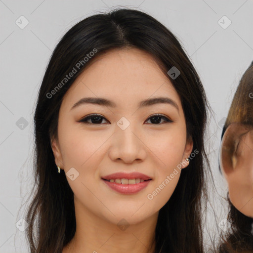 Joyful white young-adult female with long  brown hair and brown eyes