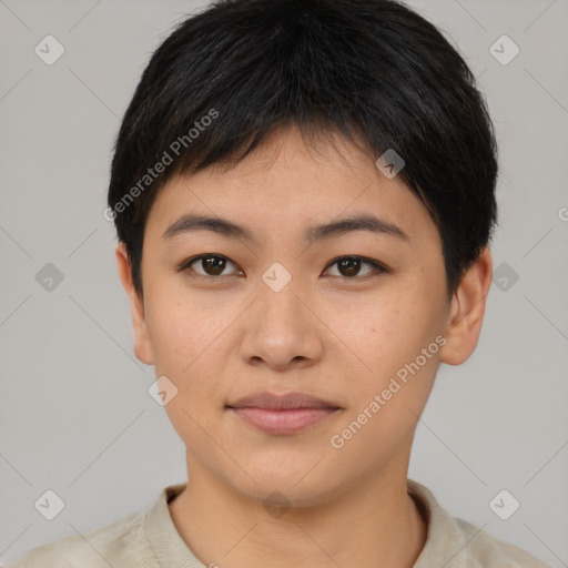 Neutral asian young-adult female with short  black hair and brown eyes