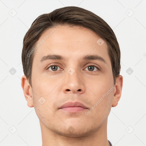 Neutral white young-adult male with short  brown hair and brown eyes