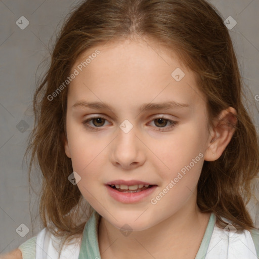 Joyful white child female with medium  brown hair and brown eyes