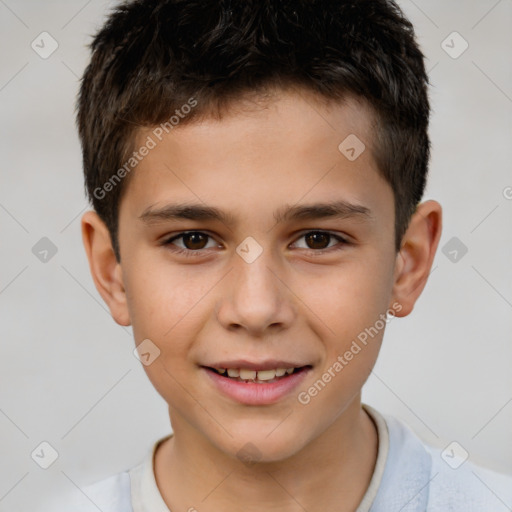 Joyful white child male with short  brown hair and brown eyes