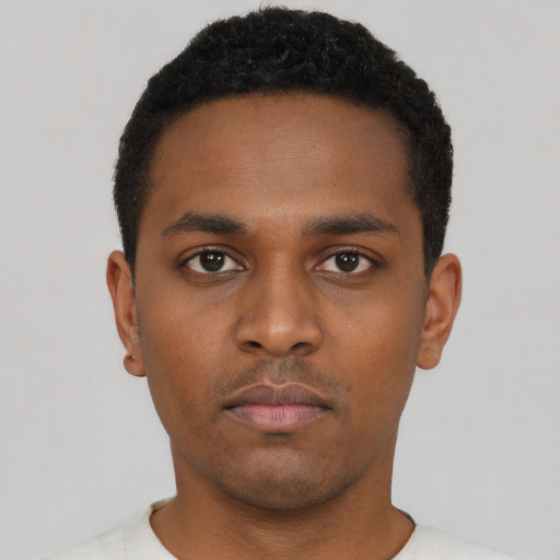 Neutral black young-adult male with short  black hair and brown eyes