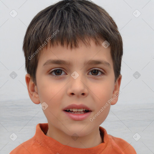 Joyful white child female with short  brown hair and brown eyes