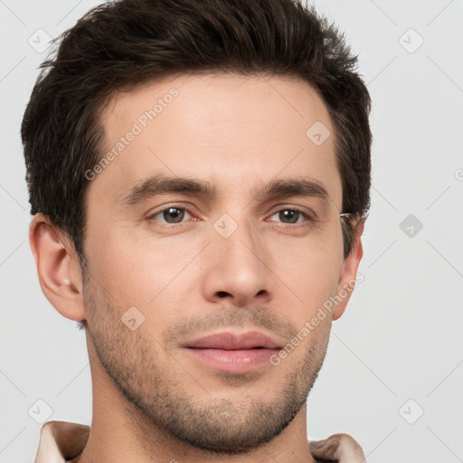 Neutral white young-adult male with short  brown hair and brown eyes