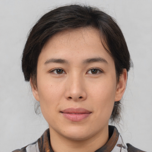 Neutral asian young-adult female with medium  brown hair and brown eyes