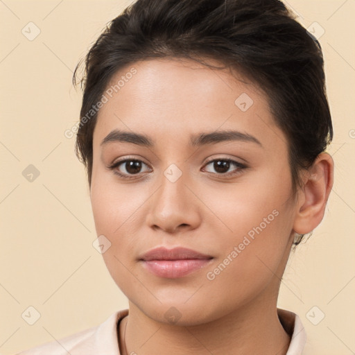 Joyful white young-adult female with medium  brown hair and brown eyes