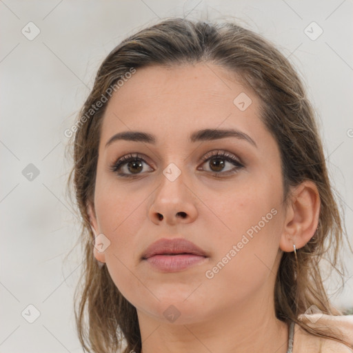 Neutral white young-adult female with medium  brown hair and brown eyes