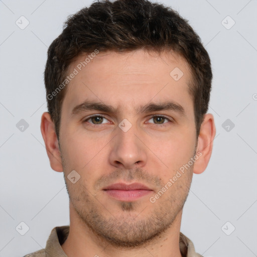 Neutral white young-adult male with short  brown hair and brown eyes