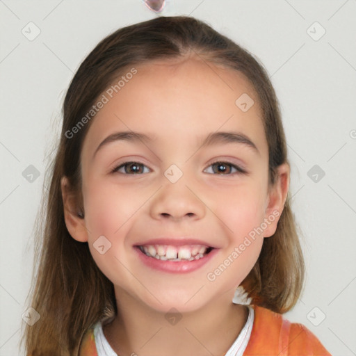 Joyful white child female with medium  brown hair and brown eyes