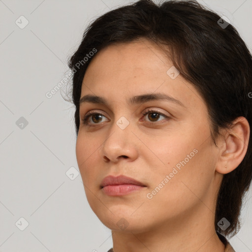 Neutral white young-adult female with medium  brown hair and brown eyes