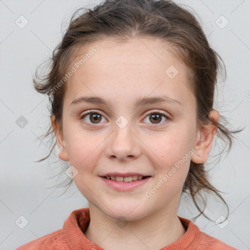 Joyful white child female with medium  brown hair and grey eyes