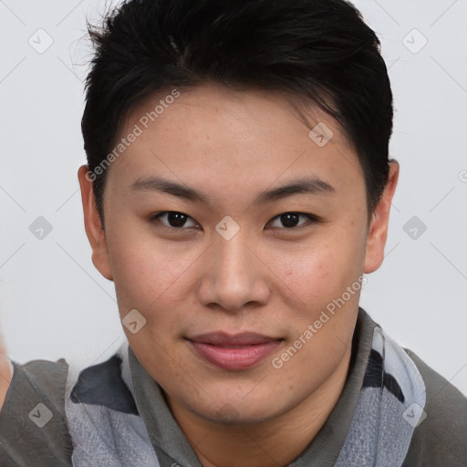 Joyful asian young-adult female with short  brown hair and brown eyes