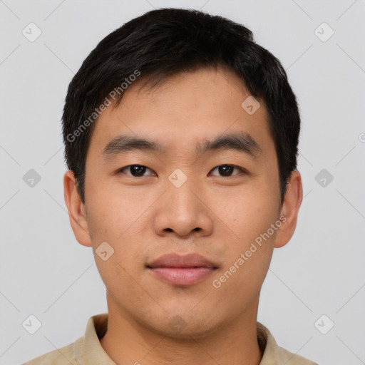 Neutral asian young-adult male with short  brown hair and brown eyes