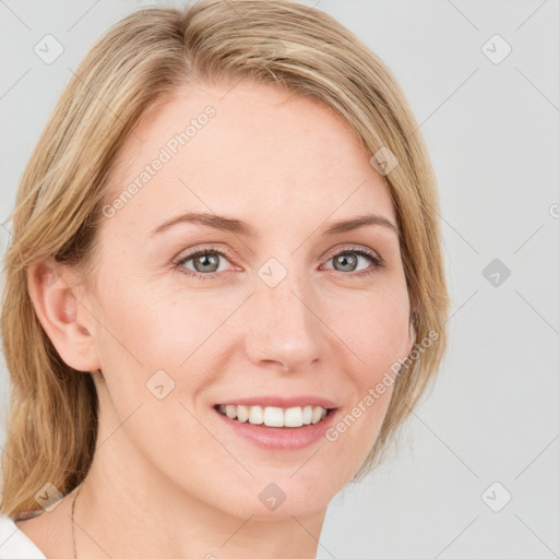 Joyful white young-adult female with medium  brown hair and green eyes