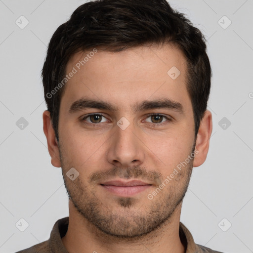 Neutral white young-adult male with short  brown hair and brown eyes