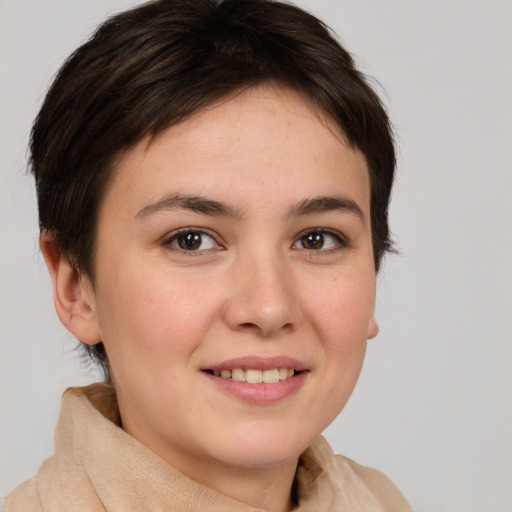 Joyful white young-adult female with medium  brown hair and brown eyes