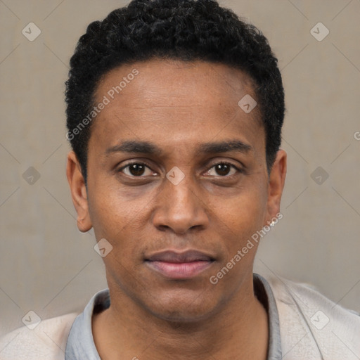 Neutral black young-adult male with short  black hair and brown eyes